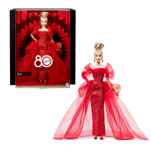 Barbie Signature Collectible Doll For Mattel 80th Anniversary, Glittery Red Tulle Gown, Blonde Hair, Barbie product photograph published by Mattel