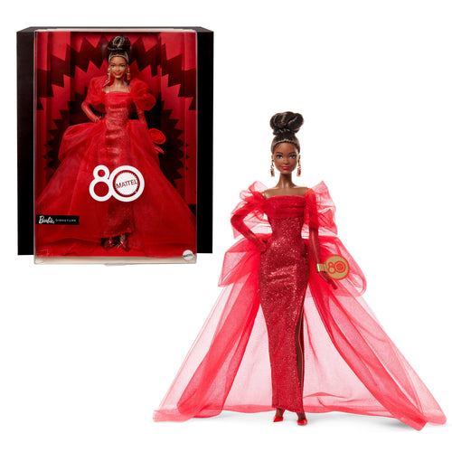 Barbie Signature Collectible Doll For Mattel 80th Anniversary, Glittery Red Tulle Gown, Brunette, Barbie product photograph published by Mattel
