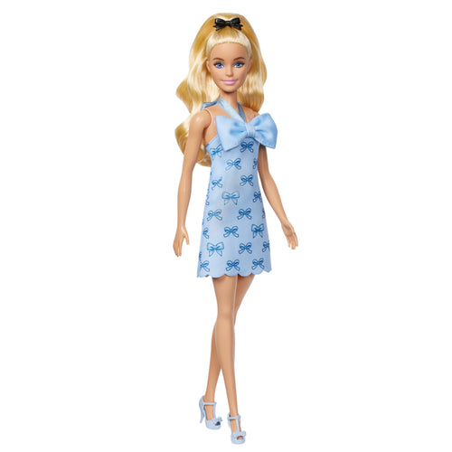 Barbie Fashionistas Doll #237 in Blue Bow Halter Dress, Blonde Ponytail With Bow Accessory, Barbie product photograph published by Mattel