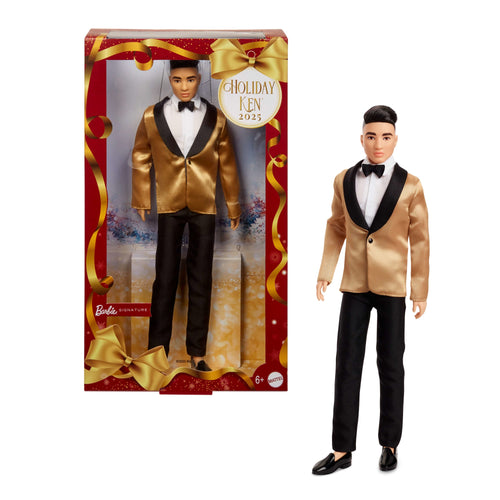 Barbie Signature 2025 Holiday Black Hair Ken Collectible Fashion Doll Wearing Full Suit With Golden Jacket, Barbie product photograph published by Mattel