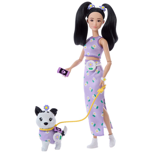 Barbie Twinning Looks Fashion Doll With Pet Dog, Matching Purple Clothes & Accessories, Black Hair, Barbie product photograph published by Mattel