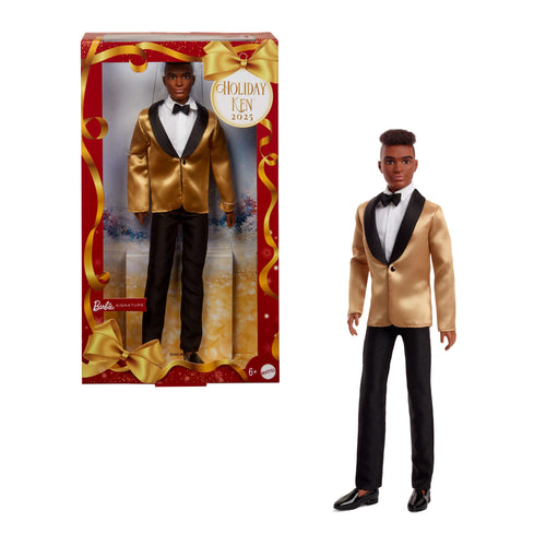 Barbie Signature 2025 Holiday Dark Brown Hair Ken Collectible Fashion Doll Wearing Full Suit With Golden Jacket, Barbie product photograph published by Mattel