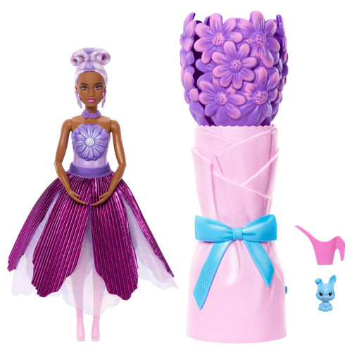 Barbie Petal Pop Scented Fashion Doll With Purple Dress, Reveal Accessories Like Bunny & More, Barbie product photograph published by Mattel