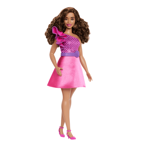 Barbie Fashionistas Doll #225, Curvy With Brown Hair, Pink Sparkly Dress, 65th Anniversary, Barbie product photograph published by Mattel