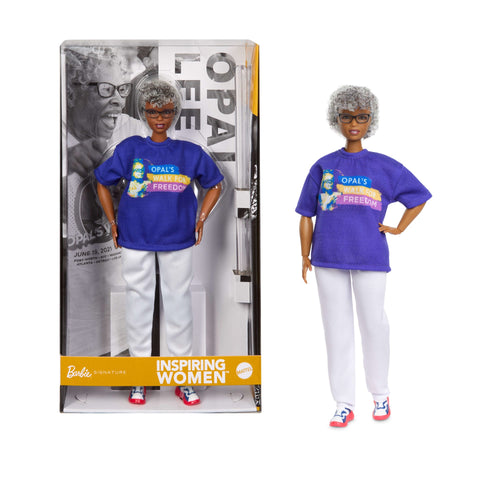 Barbie Inspiring Women Opal Lee Collectible Doll in Blue “Opal's Walk For Freedom” T-Shirt, Barbie product photograph published by Mattel