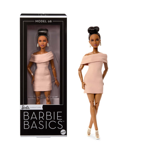 Barbie Basics Collectible Doll, Model 08 With Brunette Hair In Tan Dress & Strappy Heels, Barbie product photograph published by Mattel
