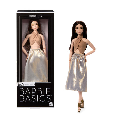 Barbie Basics Collectible Doll, Model 06 With Brunette Hair in Shimmery Golden Skirt & Halter, Barbie product photograph published by Mattel