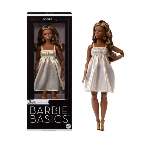 Barbie Basics Collectible Doll, Model 09 With Brunette Hair In Golden Dress & Strappy Heels, Barbie product photograph published by Mattel