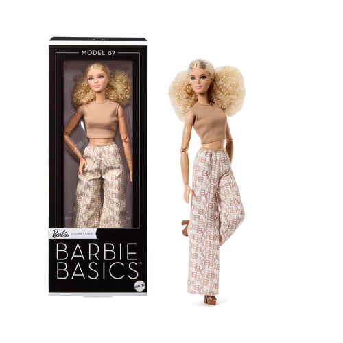 Barbie Basics Collectible Doll, Model 07 With Blonde Hair in White Pants With Golden Print, Barbie product photograph published by Mattel
