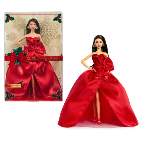 Barbie Signature 2026 Holiday Barbie Fashion Doll, Seasonal Collector, Dark Brown Hair With Red Gown With Bow Detail, Barbie product photograph published by Mattel