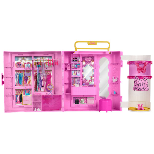 Barbie Closet With Spin & Style Feature, Vanity, Ottoman, 4 Fashions, 20+ Pieces, Portable Storage, Barbie product photograph published by Mattel