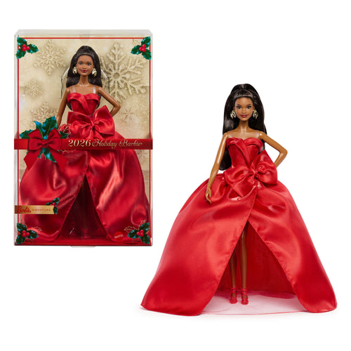 Barbie Signature 2026 Holiday Barbie Fashion Doll, Seasonal Collector, Black Hair With Red Gown With Bow Detail, Barbie product photograph published by Mattel