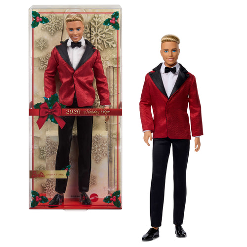Barbie Signature 2026 Holiday Blonde Ken Collectible Fashion Doll Wearing Full Suit With Red Jacket, Barbie product photograph published by Mattel