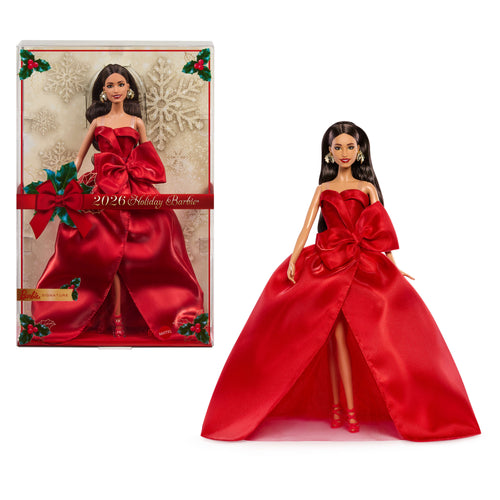 Barbie Signature 2026 Holiday Barbie Fashion Doll, Seasonal Collector, Brown Hair With Red Gown With Bow Detail, Barbie product photograph published by Mattel