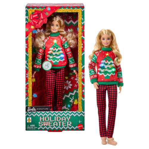 Barbie Holiday Sweater Doll, Collectible Ugly Sweater Doll in Themed Knit Sweater, Barbie product photograph published by Mattel