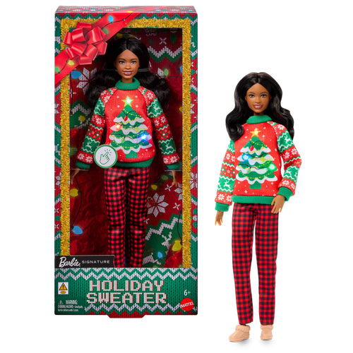 Barbie Holiday Sweater Doll, Collectible Ugly Sweater Doll in Themed Knit Sweater, Barbie product photograph published by Mattel