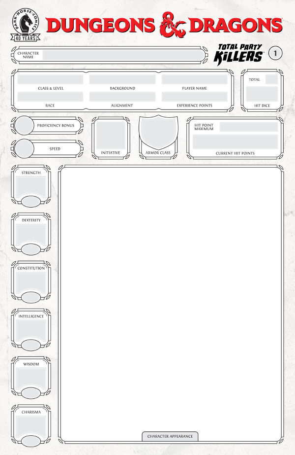 Cover of Dungeons & Dragons: Total Party Killers #1 (Blank Cover-Character Sheet Variant Cover), published by Dark Horse