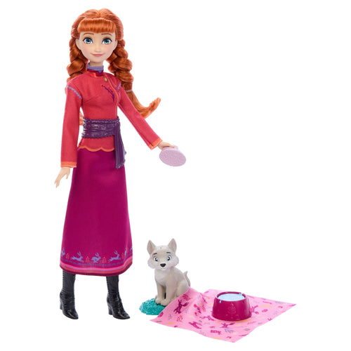 Disney Frozen Anna Fashion Doll & Wolf Cub Figure With 4 Nurturing Accessories Inspired By Movie, Disney product photograph published by Mattel