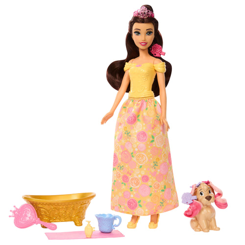 Disney Princess Bathe & Brush Belle Fashion Doll & Dog Figure With Color Change & Accessories, Disney product photograph published by Mattel