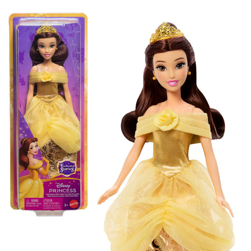 Disney Princess Enchanted Stories Belle Fashion Doll With Sparkling Dress & Accessories, Posable, Disney product photograph published by Mattel