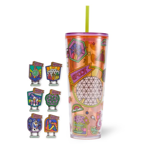 Epcot 24 oz. Starbucks Tumbler with Mystery Pin Blind Pack 2 pc. Walt Disney World, mystery Disney pin, Disney Store product photograph