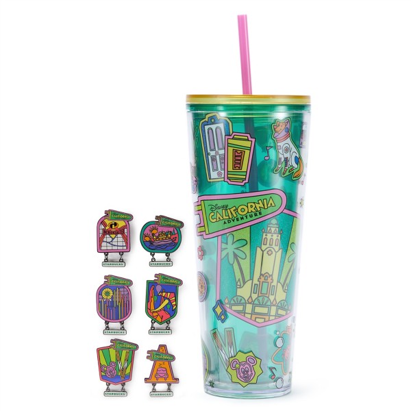 Disney California Adventure 24 oz. Starbucks Tumbler with Mystery Pin Blind Pack 2 pc., Disneyland collectible pin, mystery Disney pin, Disney Store product photograph