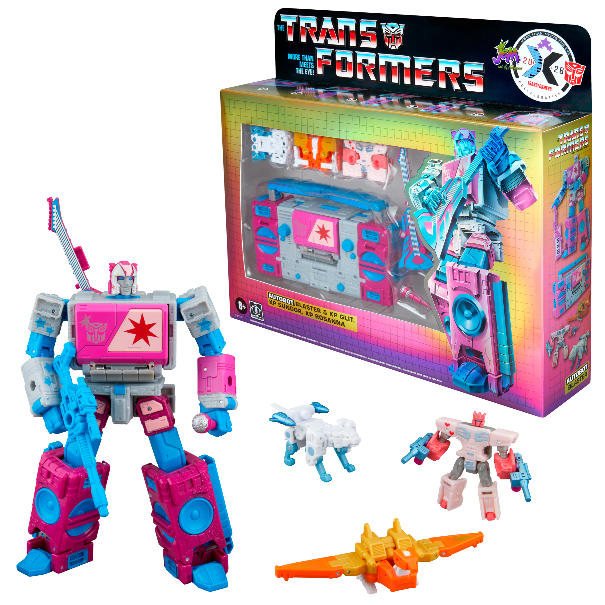 Transformers Jem and the Holograms Autobot Blaster & KP Glit, KP Sundor, and KP Rosanna, hasbro pulse exclusive, Hasbro Pulse product photograph