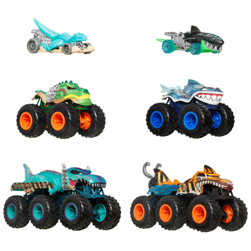 Hot Wheels Monster Trucks Sharks vs Dinos Multipack With 2 Big Rigs, 2 Toy Trucks & 2 Toy Cars, Hot Wheels product photograph published by Mattel