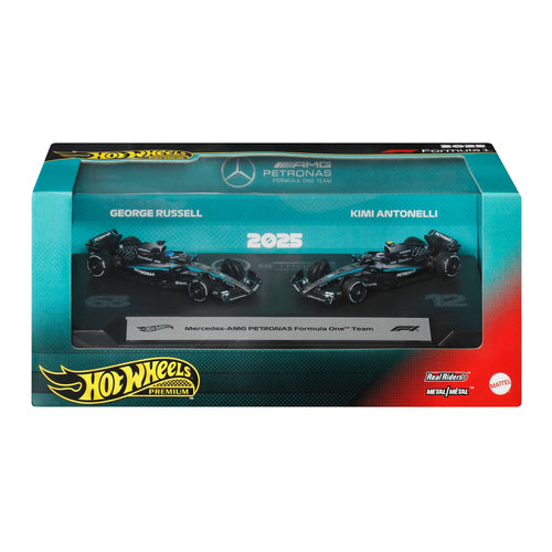 Hot Wheels Premium Mercedes-Amg Petronas Formula One Team 2-Pack With Russell & Antonelli Racecars, Hot Wheels product photograph published by Mattel