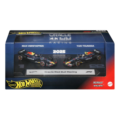 Hot Wheels Premium Formula 1 2-Pack Of Toy Cars, Oracle Red Bull Racing: Verstappen & Tsunoda, Hot Wheels product photograph published by Mattel