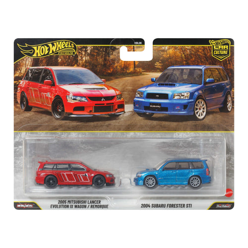 Hot Wheels Premium Car Culture 2-Pack - 2005 Mitsubishi Lancer Evolution IX Wagon / Remorque & 2004 Subaru Forester STI, Mattel Creations product photograph