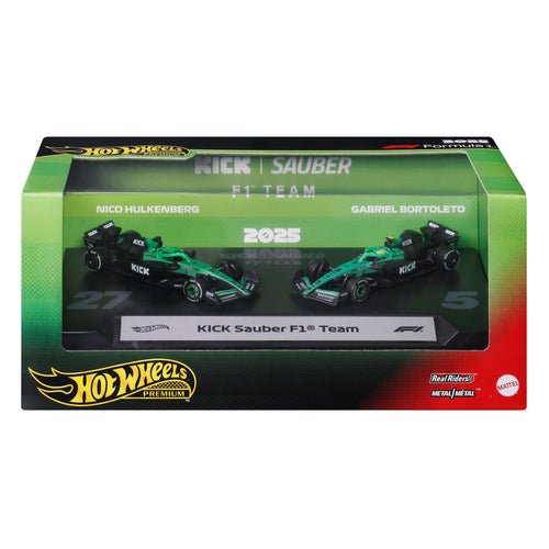 Hot Wheels Premium KICK Sauber 2025 Formula 1® Team #27 Nico Hülkenberg & Team #5 Gabriel Bortoleto, Mattel Creations product photograph