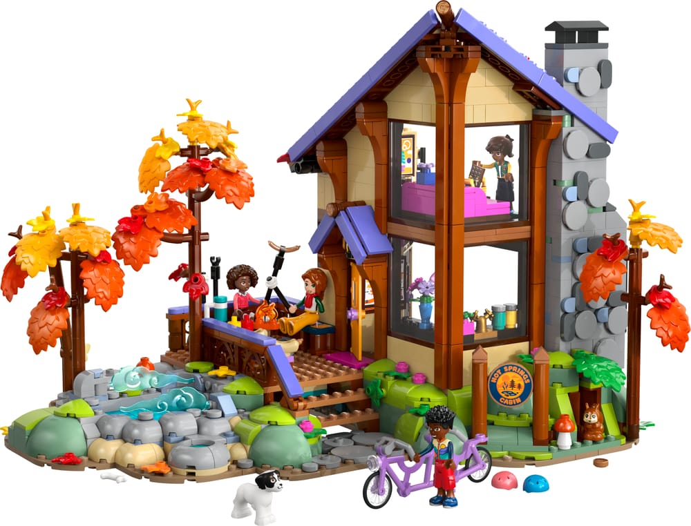 LEGO Friends set 42705 Cozy Fall Forest Cabin, 1,229 pieces, LEGO product photograph