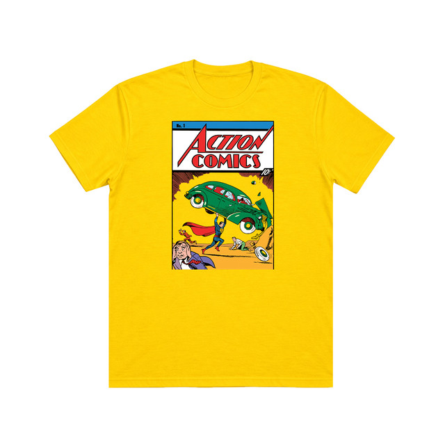 Action Comics #1 T-Shirt Yellow, DC Direct figure, McFarlane Toys product photograph