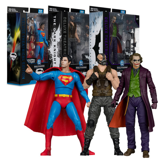 Superman (Superman: The Movie 1978)/Bane/The Joker (The Dark Knight Triology) Deluxe Theatrical Edition Bundle (3) 7" Figures, DC Multiverse figure, McFarlane Toys product photograph