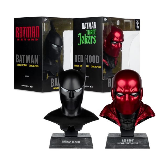 Batman (Batman Beyond)/Red Hood (Batman: Three Jokers) 1:3 Scale Cowl Replicas Wave 2 Bundle (2), DC Direct figure, McFarlane Toys product photograph