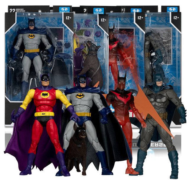 Batman & Ace the Bat-Hound (Silver Age)/Batman Beyond (Neo Gothic)/Batman (Batman: Noel)/Batman (Batman/Spawn 1996) Platinum Edition Bundle (4) 7" Figures, DC Multiverse figure, McFarlane Toys product photograph