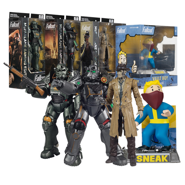 Nick Valentine/Scorched Sierra Power Armor/NCR Salvaged Power Armor/Vault Boy: Sneak (Fallout) Bundle Set (4) Deluxe 7" and 5" Figures, McFarlane Toys product photograph