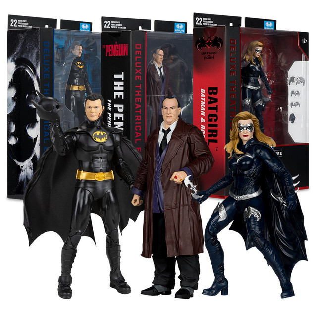 Batman Unmasked (Batman Returns)/Penguin (The Penguin)/Batgirl (Batman & Robin Movie) Deluxe Theatrical Edition Bundle (3) 7" Figures, DC Multiverse figure, McFarlane Toys product photograph