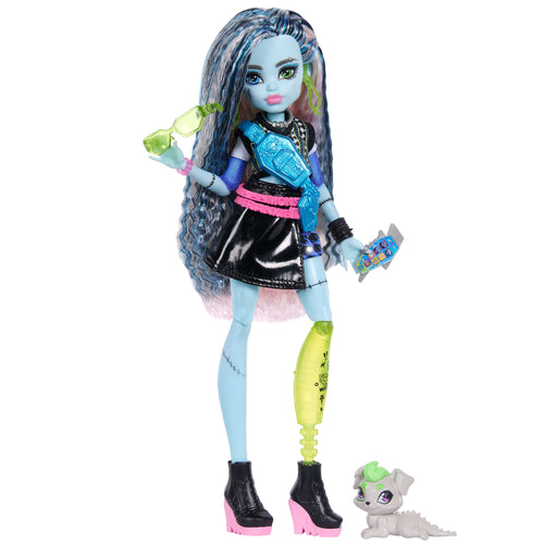 Monster High Frankie Stein Fashion Doll in Black Pleather Skirt With Pet Watzie And 7 Accessories, Monster High product photograph published by Mattel