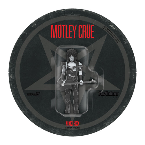 Motley Crue ReAction Figures Wave 02 - Nikki Sixx (Shout At The Devil - Black & White), Motley Crue ReAction action figure, Super7 product photograph
