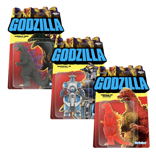 Toho ReAction Figures Wave 9 - Godzilla 1989 (Blazing), Godzilla 2000, M.O.G.U.E.R.A., Toho ReAction action figure, Super7 product photograph