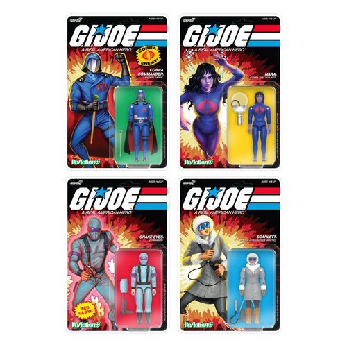 G.I. Joe ReAction+ Wave 6 - Snake Eyes (Crystal Poison), Arctic Scarlett, Cobra Commander (Movie), Mara, G.I. Joe ReAction+ action figure, Super7 product photograph