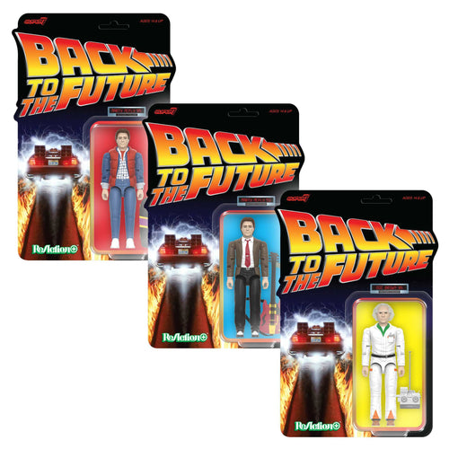Back To The Future ReAction+ Wave 01 - Marty McFly '55, Marty McFly '85, Doc Brown '85, Back To The Future ReAction+ action figure, Super7 product photograph