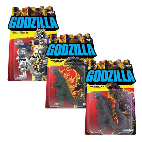 Toho ReAction Figures Wave 10 - Godzilla (2000, Charging), Mechagodzilla (2002) & Godzilla (Shin), Toho ReAction action figure, Super7 product photograph