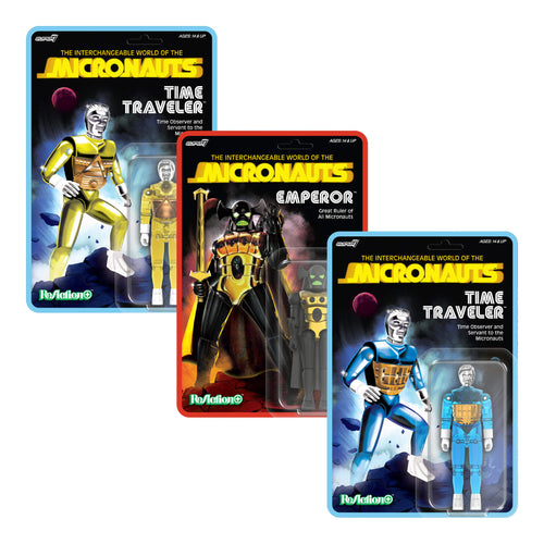 Micronauts ReAction+ Wave 03 - Emperor, Time Traveler (Translucent Yellow) & Time Traveler (Translucent Blue), Micronauts ReAction+ action figure, Super7 product photograph