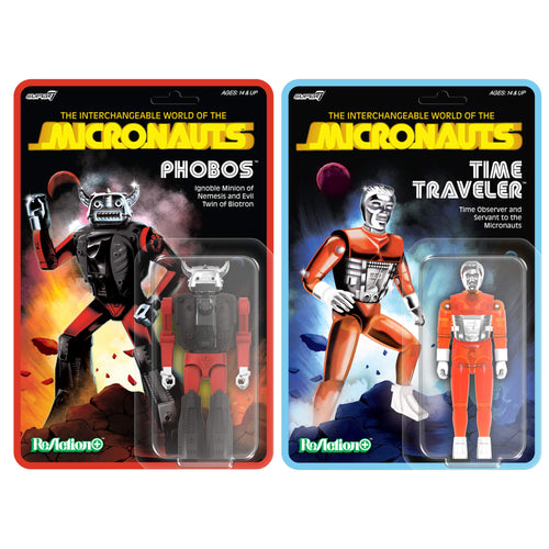 Micronauts ReAction+ Wave 04 - Phobos & Time Traveler (Translucent Orange), Micronauts ReAction+ action figure, Super7 product photograph