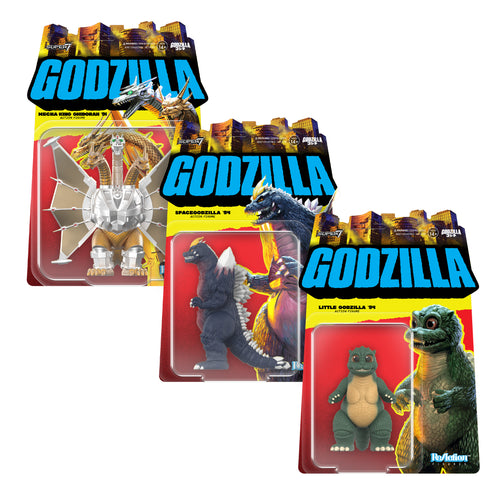 Toho ReAction Figures Wave 11 - SpaceGodzilla, Little Godzilla & Mecha-King Ghidorah, Toho ReAction action figure, Super7 product photograph