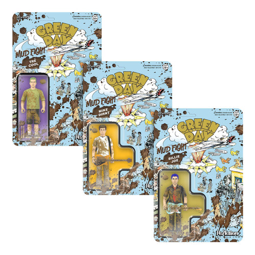 Green Day ReAction Figures Wave 01 (Mud Fight) - Billie Joe Armstrong, Tré Cool, Mike Dirnt, Green Day ReAction action figure, Super7 product photograph