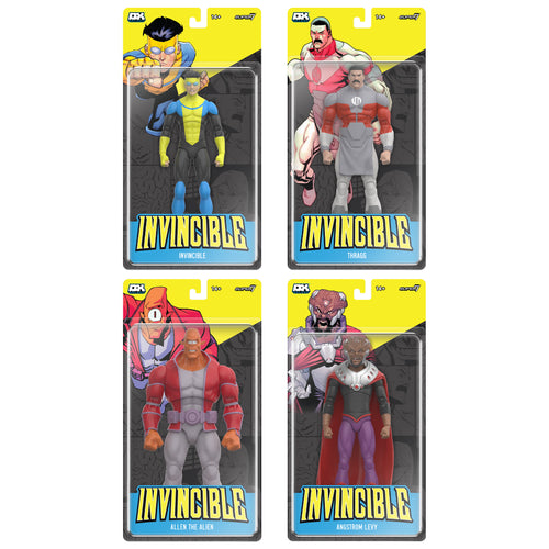 Invincible DELUXE Wave 01 - Invincible, Allen The Alien, Thragg & Angstrom Levy, Invincible DELUXE action figure, Super7 product photograph
